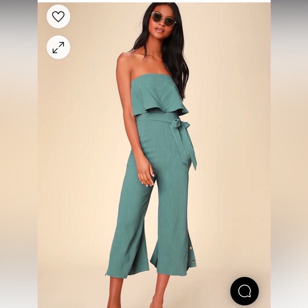 Lulu’s Lanah Sage Green Strapless Jumpsuit